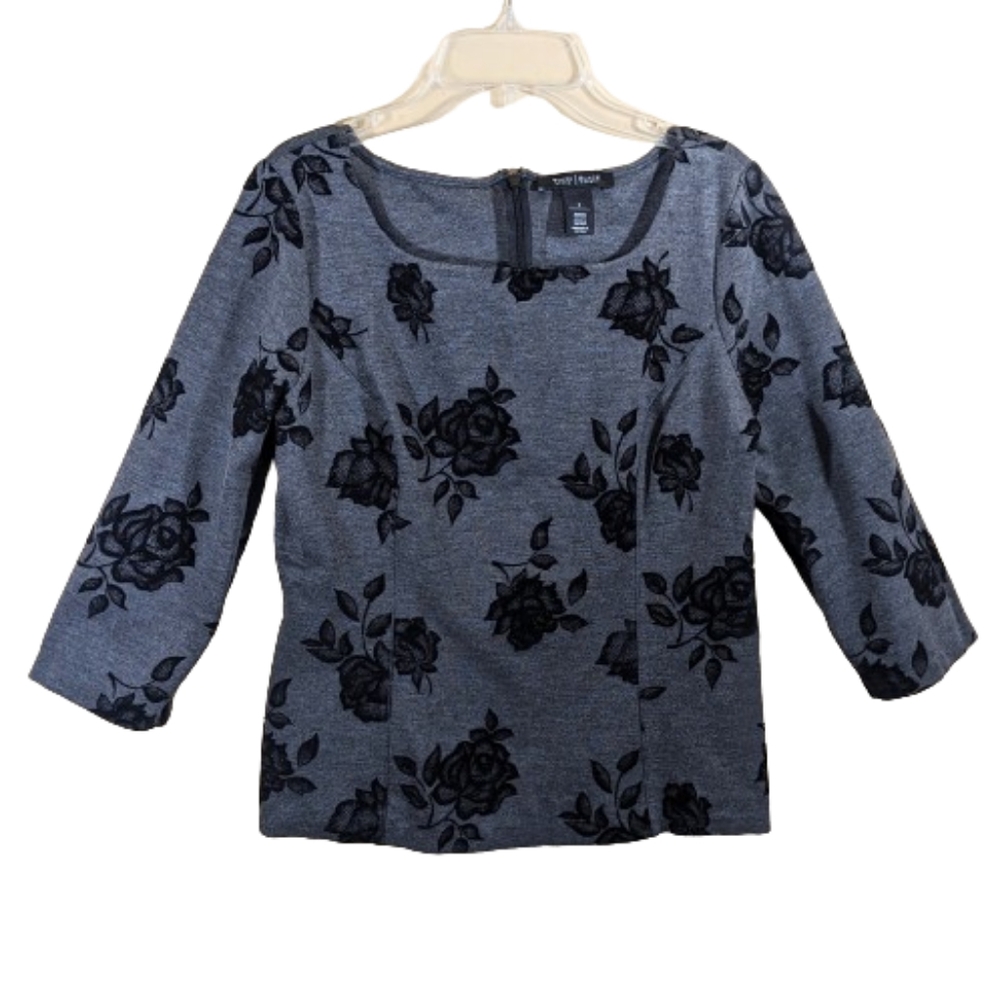 Gray Floral Burnout Scoop Neck Top